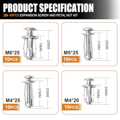 mankk 40PCS Expansion Screw and Petal Nut Kit M4 M5 M6 M8 Jack Car Metal Screw Petal Shape Metal Nut Anchor Screw for Hollow Wall Iron Skin Plasterboard M-175-40PCS