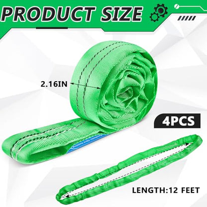 Fabbay 4 Pcs 12.1 Feet Heavy Duty Polyester Endless Loop Round Lift Slings Lifting Straps for Hoist Towing Moving Furniture Rigging Equipment, 5300 LB Vertical 4200 LB Choker 10600 LBs Basket(Green) - color: Green, size: 12.1 Feet
