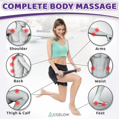 Muscle Roller Stick - Black Purple - Hand Held Body Massager with 9 Rollers & Non-Slip Handles - Deep Tissue Massage & Maximum Muscle Recovery - Leg, Back, Arm, Thigh, Butt Sculpting Tool - by Cozlow - color: Black Purple