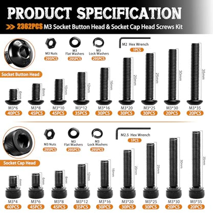 mankk 2362PCS M3 Metric Screws Assortment Kit 18 Size (4 6 8 10 12 16 20 25 30 35mm) Hex Socket Head & Button Head Bolts Kit 12.9 & 10.9 Grade Black Alloy Steel M3 Machine Screw - size: M3 -2362PCS, style: Hex Socket Cap