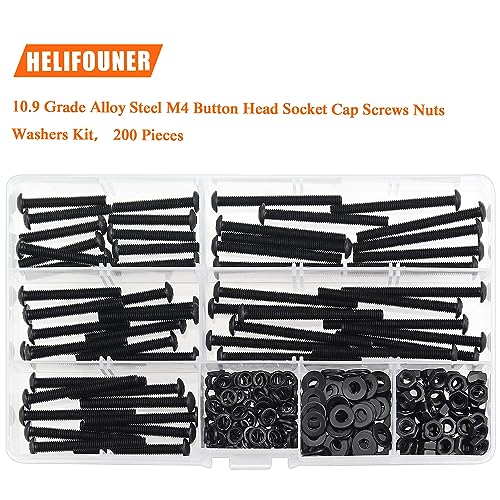 HELIFOUNER 200 Pieces M4 x 30mm /35mm /40mm /45mm /50mm, Button Head Socket Cap Metric Screws Bolts Washers Nuts Kit, 10.9 Grade Alloy Steel, Fully Threaded, Black - size: M4 x 30/35/40/45/50mm, style: Button Head