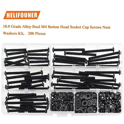 HELIFOUNER 200 Pieces M4 x 30mm /35mm /40mm /45mm /50mm, Button Head Socket Cap Metric Screws Bolts Washers Nuts Kit, 10.9 Grade Alloy Steel, Fully Threaded, Black - size: M4 x 30/35/40/45/50mm, style: Button Head