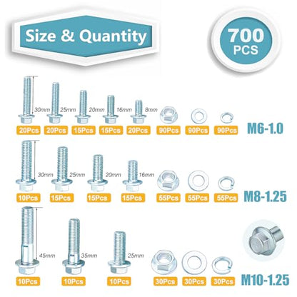 Kadrick 700Pcs Grade 8.8 Metric Bolt Assortment, M6 M8 M10 Flange Hex Heavy Duty Bolts and Nuts Kit,M6 x1.0 M8 x1.25 M10-1.25 (12mm to 45mm),Eco-Friendly Zinc Plated - size: 700Pcs M6-M10 FLANGE HEX Eco-Friendly
