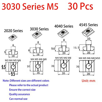 30Pcs 3030 Series T Sliding Nuts Hammer Nut Block Square Nuts M5 T Nuts for 3030 Aluminum Extrusion Profiles T Slot 8mm，for CNC Router Build Rail 3D Printer (m5)