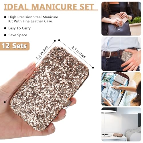 Geosar 12 Set 8 in 1 Manicure Kit Gifts Stainless Steel Nail Clippers Set Pedicure Care Tools with Leather Case Travel Portable Grooming Kit for Women Men Nurse Hands Foot(Glitter Rose Gold) - color: Glitter Rose Gold