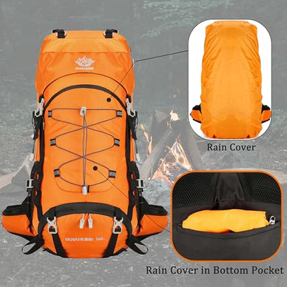 60L Travel Hiking Camping Backpack with Rain Cover, Backpack Water Resistant,Climbing Backpack for Men Women - color: Orange