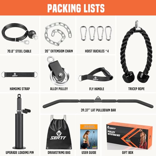 SERTT Cable Pulley System Gym, Power Rack Pulley Attachment with 2-in-1 LAT Pull Down Bar and Upgraded Loading Pin,Used for Triceps Pulldown, Biceps, Back, Shoulder - color: with Aluminium Alloy Pulley