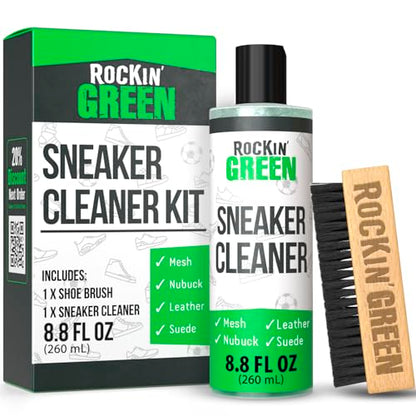 Rockin'Green Shoe Cleaning Kit - Shoe Cleaner Sneakers Solution with Brush Included - Sneaker Cleaner Kit Safe for Mesh, Nubuck, Leather, Suede - Deep Refresh Care Kit (8.8fl oz)