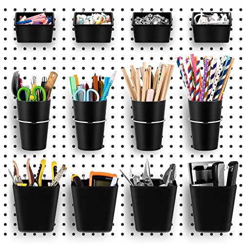 Jinei 12 Pcs Pegboard Bins and Cups with Hooks and Loops Peg Assortment Organizer Accessories Various Tool Organizer Pegboard Basket Set for Garage Workshop Workbench Office(Black) - color: Black