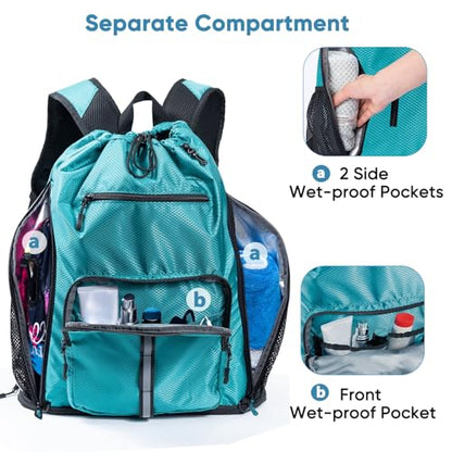 Large Beach Backpack Waterproof Sandproof - Customized Oversized Drawstring Pool Bag with Shoe Compartment for Toiletries, Towels, Gym, Travel - color: Teal, size: Large