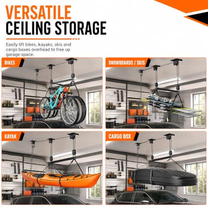 TRUSOON Cargo Box Hoist, Garage Pulley Lift System,150 lbs | For cargo box and kayak, 10-18 ft garage ceiling, 3-point stability, anti-scratch ring, heavy-duty steel