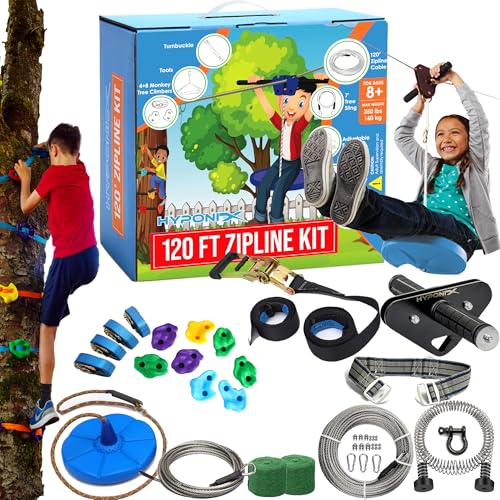 Zip Line Kit for Kids and Adults, 100/120/150/200ft, Up to 350 Lbs, Removable Trolley, Rustproof Stainless Steel, Quick Setup with Ratchet, Safety Harness, Backyard Adventure Fun W/Climbing Holds - size: 120' Zipline Kit