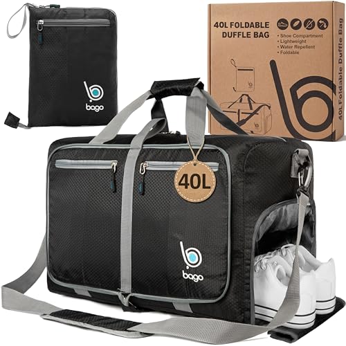 Bago Medium Duffle Bag for Travel Women & Men. Durable Lightweight Foldable Travel Duffel Bags For Traveling Women. 40L Duffle Bags a Reliable Weekender duffel or Overnight Bag With Shoe Compartment - color: Black, size: 40L