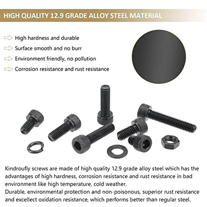 242 Pieces Black M5 x 6/8 /10/12 /16/20 /25mm Hex Socket Head Cap Screws Nuts Washers Assortment Kit, 12.9 Grade Alloy Steel - size: M5, style: Socket Head