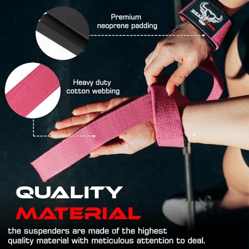 BEAST RAGE Lifting Wrist Straps for Weightlifting, Straps Gym Grip Power Workouts Lifting Straps Padded Neoprene & Premium Cotton Men Women, Deadlift Bodybuilding Exercise Lifting Straps - color: Pink