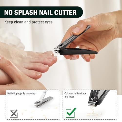 FVION Large Nail Clippers with Catcher, 2 PCS Anti-Splash Fingernail & Toenail Clippers, Stainless Steel Self-Collecting Nail Cutters for Effortless Nail Care - Metal Case Packing - color: Light Black
