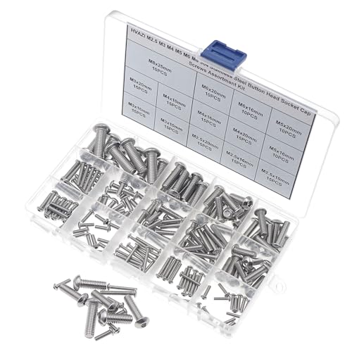 Metric M2.5-M8 304 Stainless Steel Button Head Socket Cap Screw Kit | 185PCS M2.5 M3 M4 M5 M6 M8 Hex Drive Rounded Head Bolts, ISO7380 Fully Threaded Fastener Set with Plastic Storage Box