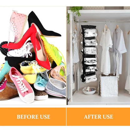 Barydat 3 Pcs Dual Sided Hanging Shoe Organizer 12 Clear Pockets Mesh Hanging Shoe Rack Holder with Rotating Hanger for Closet Storage Men Women Handbags Kids Clothing, Grey, White and Black