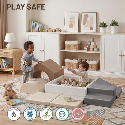 JungleDove 7Pcs Climbing Toys for Toddlers: with a Square Ball Pit for Toddlers - PU Leather Foam Climbing Blocks - Indoor Soft Play Set with Slide and Stair（NO Balls） - color: Beige, White