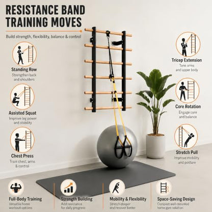 Swedish Ladder Wall Gym For Adults, Wall Mounted Stall Bars And Wall Bars With Yellow Suspension Trainer Straps, Compact Wooden Stretching Ladder For Home Fitness, Pull-Up, Mobility And Calisthenics