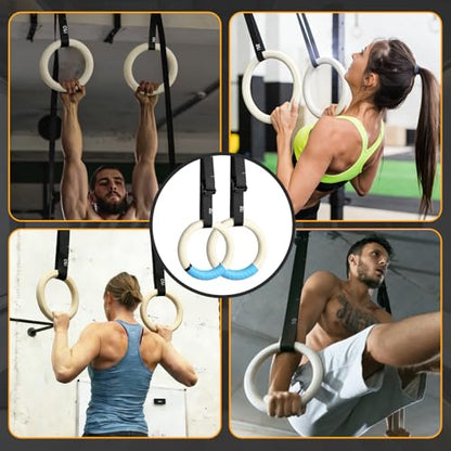 32mm Wooden Gymnastic Rings, Quick Adjust Numbered Straps | solid wood rings, portable design, strength training, calisthenics, home gym & travel workout