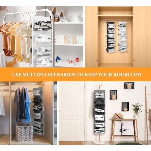 Barydat 3 Pcs Dual Sided Hanging Shoe Organizer 12 Clear Pockets Mesh Hanging Shoe Rack Holder with Rotating Hanger for Closet Storage Men Women Handbags Kids Clothing, Grey, White and Black