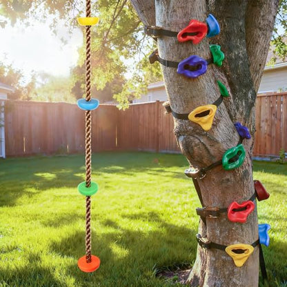 12 Ninja Tree Climbing Holds and 6.56FT Climbing Rope for Kids, Tree Climber Climbing Kit for Outdoor Ninja Warrior Obstacle Course Training - style: Ninja Rope+Tree Holds