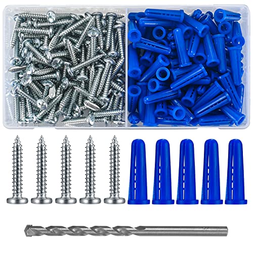200 Pcs Conical Concrete Wall Anchors and Screws for Drywall, 10# Blue Conical Anchor and Self Tapping Screws, Includes 100 Pcs Drywall Anchors, 100 Pan Head Screw, 1 x Drill Bit (Blue) - color: blue