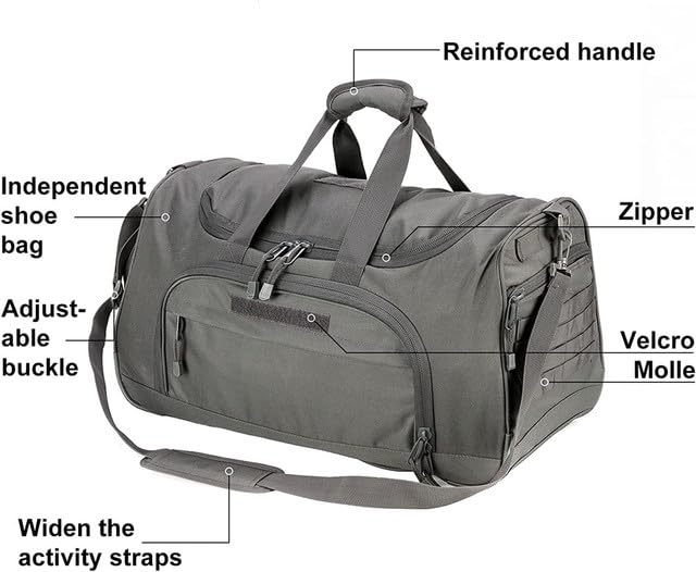 Gym Bag for Women & Men Tactical Duffle Military Weekender Travel Work Out Bags Lightweight Waterproof Sports Tote Shoe Pocket - color: Gray