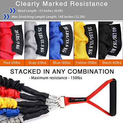 14 PCS Resistance Bands Set, Exercise Tubes, 20lbs to 40lbs Workout Bands | with Handles Protective Nylon Sleeves Door Anchor Ankle Strap, Elastic Exercise Bands for Men Women - up to 150lbs