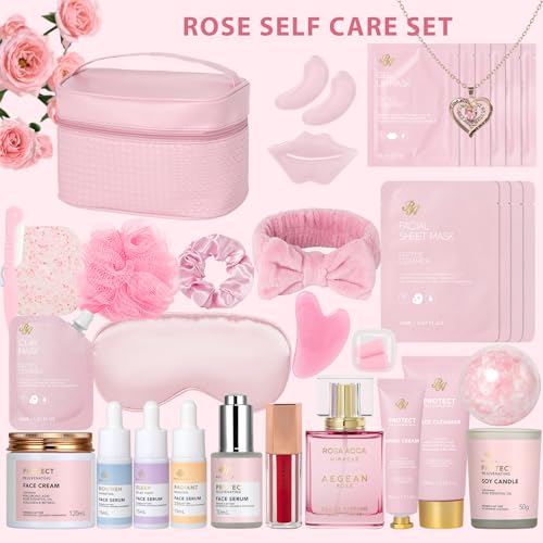 Gifts for Women, Birthday Gifts, 33 Pcs Rose Hydrating Face Skin Care Gifts Set, Bath & Body Spa Gifts Basket Set for Women, Beauty Care Kit, Makeup Bag, Face Serum, Christmas, Anniversary, Wife, Mom