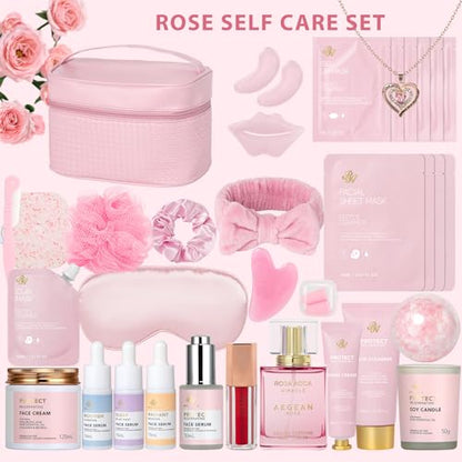 Gifts for Women, Birthday Gifts, 33 Pcs Rose Hydrating Face Skin Care Gifts Set, Bath & Body Spa Gifts Basket Set for Women, Beauty Care Kit, Makeup Bag, Face Serum, Christmas, Anniversary, Wife, Mom