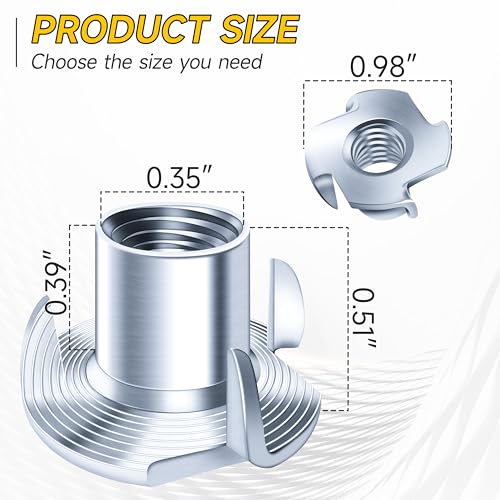 Mywish 180Pcs 1/4-20 5/16-18 3/8-16 T-nut Assortment Kit & 50Pcs 3/8-16 T Nuts, 4 Pronged T Blind T Nut Zinc-Plated Alloy Steel, Wood Working, Rock Climbing Holds & Furniture Hardware Nuts