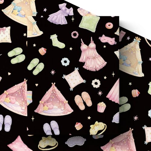 Liobelon Pajama Party Wrapping Paper Roll – 17" x 16.5 Ft Slumber Party Gift Wrap with Sleepwear, Eye Mask, Slippers & Pillow Pattern for Girls Slumber Party Spa Party Sleepover Birthday Party Decor - color: Pajama Party