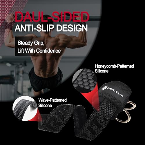 Double-Side Anti-Slip PERYOLYF Lifting Straps with D Ring - Adjustable Gym Straps for Deadlifts, Weightlifting & Cable Machine - Thick Wrist Support for Men & Women - color: Black