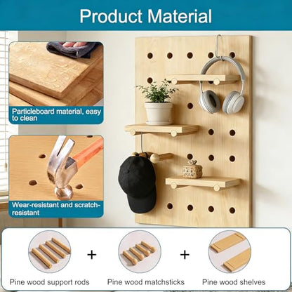HJZALMI Pegboard Wall Organizer, Wood Pegboard Combination Kit with Shelves & Hooks, Modular Peg Board Panels Storage System for Office Organization Kitchen Bedroom, 15.7"x23.6"x0.6", Beige | Pegboard Combination Kit with Shelves & Hooks, Modular PegBoard