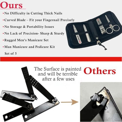 BLKSMITH Refined Man Manicure and Pedicure Kit Set of 5 - Manicure Kit for Men - Nail Clipper Kit with Nail File, Clippers, Scissors, Tweezer & Travel Case - Designed for Men (Black) - color: Black
