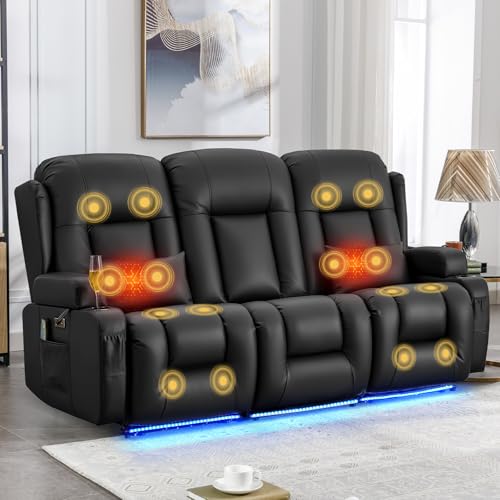 IPKIG Power Recliner Sofa with Flip-Up Backrest Console, USB & USB-C Ports, AC Outlet, LED Lights, Wall Hugger Recliners for Living Room, RV (Black, 76.8" - 3 Seat) - color: Black, size: 76.8" - 3 Seat