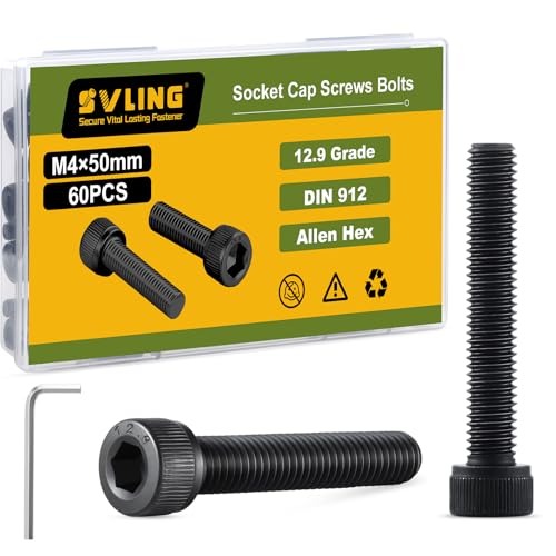 M4-0.7 x 50mm Bolt, 60PCS M4 Hex Socket Head Cap Screws Bolts, 12.9 Grade Alloy Steel, Full Threads, Allen Socket Drive, with Hex Spanner - size: M4x50mm