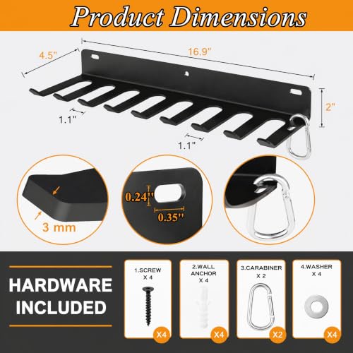 Tebery 9 Hook Home Gym Storage Rack Wall Mount, Fitness Equipment Organizer, Metal Gym Accessory Hanger for Exercise Bands, Jump Ropes, Barbells, Lifting Belts