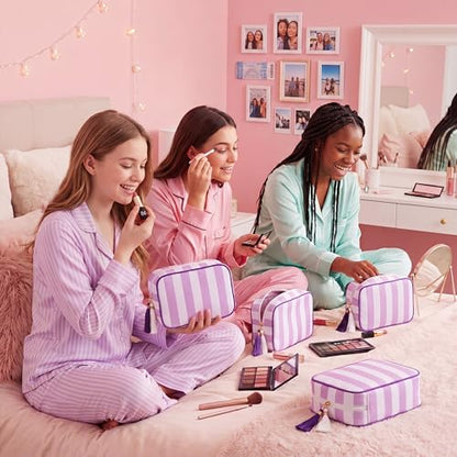 Kacctyen 6 Pack Lavender Purple and White Striped Makeup Bag bulk with Tassel Travel Cosmetic Pouch Organizer Large Zipper Toiletry Case for Women Aesthetic Storage Pouch Mahjong Tile Bag - color: Lavender Purple and White