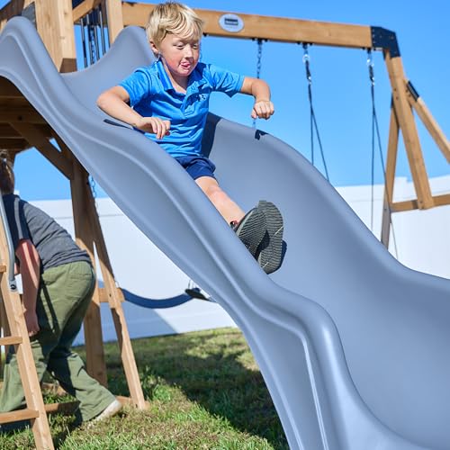 Backyard Discovery Dover Bay Spruce Wood Swing Set with Wave Slide, Clubhouse, Monkey Bars, Rock Wall, Belt Swings, Step Ladder, Toy Telescope, Chalkboard, Outdoor Playset - color: Grey Slide, style: Spruce