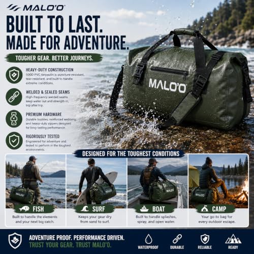 Malo’o Waterproof Dry Duffel, Heavy-Duty Roll Top Waterproof Gear Bag with Shoulder Strap & Molle Loops, Marine Duffel for Kayaking, Boating, Camping, Beach & Travel, Grey, 60L - color: Grey, size: 60L