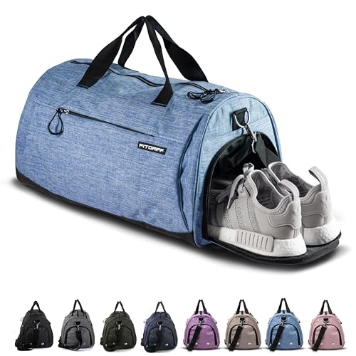 Fitgriff® Gym Bag for Men & Women with Shoe & Wet Compartment - Duffle Bag for Travel, Sports, Fitness & Workout - color: Light Blue, size: 19 x 10 x 10″ (Small)