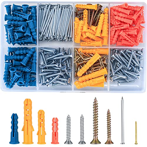 360 Pcs Wall Plugs and Screws Set, Drywall Anchors Screws and Nails Assortment Kit, Flat Head Self Tapping Screws, Plastic Expansion Plugs, Wood Screws Nails for Home DIY Repair Mounting