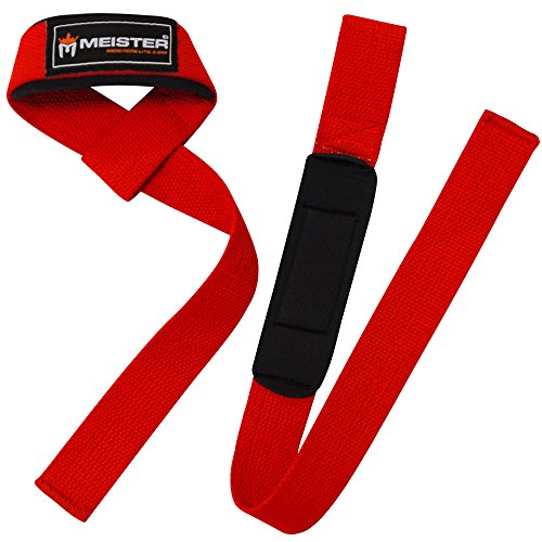 Meister Neoprene-Padded No-Slip Weight Lifting Straps for Grip (Pair) | Ridged woven cotton construction, enhanced wrist comfort and support for deadlifts, pulls, shrugs and heavy lifting - color: Red