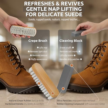 TAKAVU Suede & Nubuck Cleaning Kit, Crepe & Brass Brush, Eraser Block | Restores Suede Shoes & Boots, Includes Microfiber Towel, Brass Bristle Brush & Rubber Cleaning Block