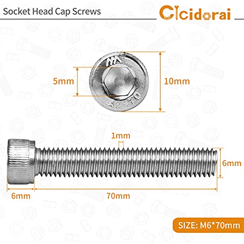 M6-1.0 x 70mm Socket Head Cap Screws Bolts, 304 Stainless Steel (A2-70), Allen Socket Drive, Bright Finish, Full Machine Threads, Quantity 10 - size: M6 x 70mm(10 PCS)