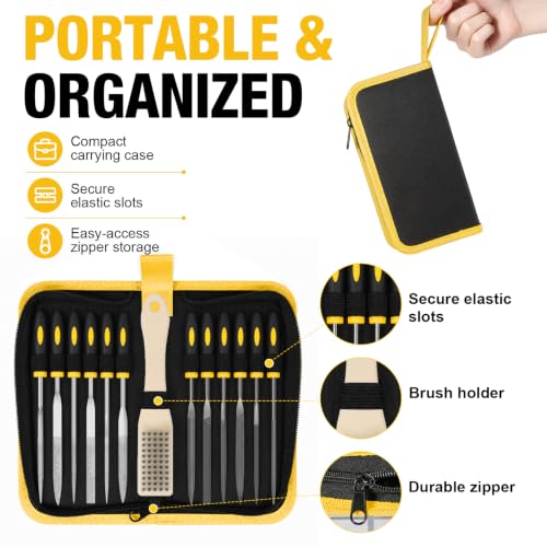 13PCS Needle File Set,Small File Set,Needle Files for Metal,Diamond File Set,TOYIKOM 6 Jewelers Files Set,6 Steel File Tool,Small Metal Files for Precision Metal Wood Sharpening with Brush Carry Case - color: 13PCS Needle File (Black+Yellow)