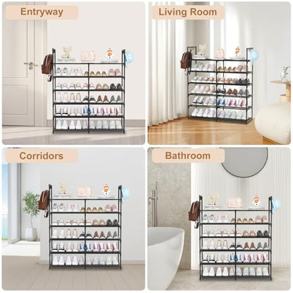 2-Row 6-Tier Stackable Shoe Rack, Black Metal Shoe Shelf with Multifunctional Hooks, Hold 24-30 Pairs, Space Saving Shoes Organizer for Closet,Show Rack - size: 2 Row 6 Tier